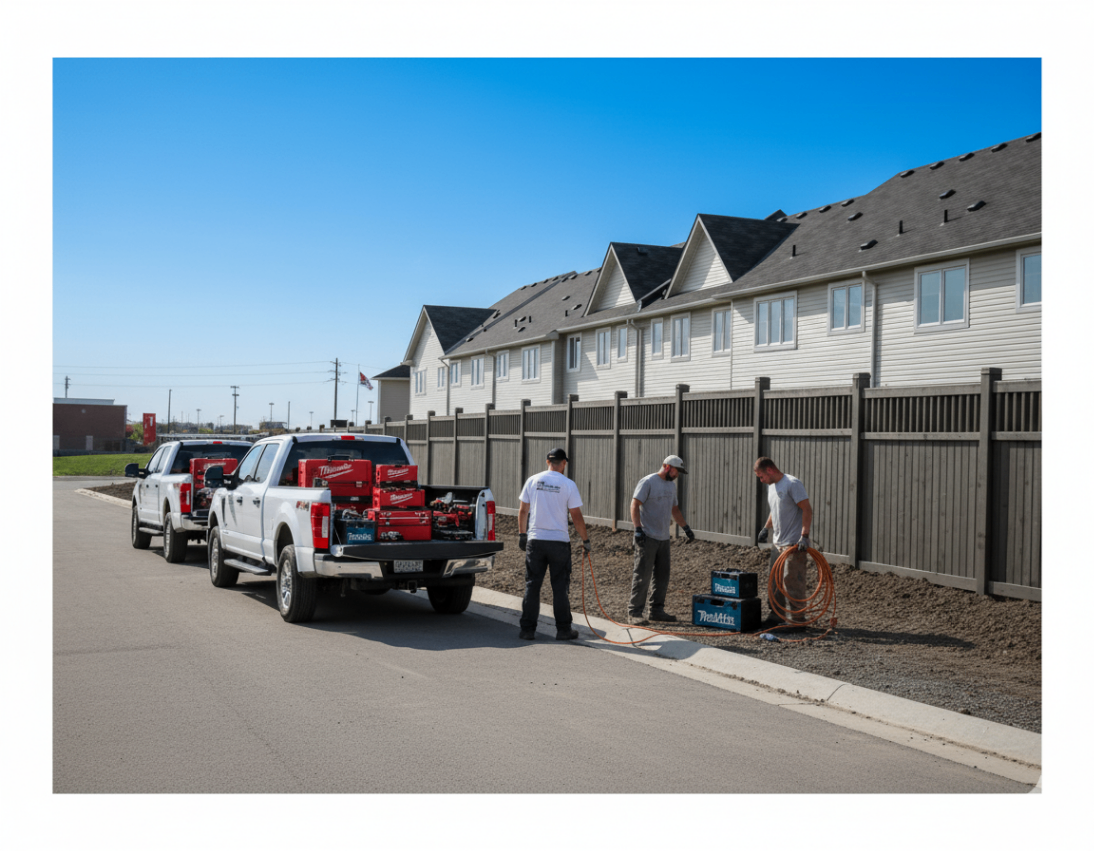 Commercial fence painters Vaughan Ontario - crew applying stain to subdivision fence