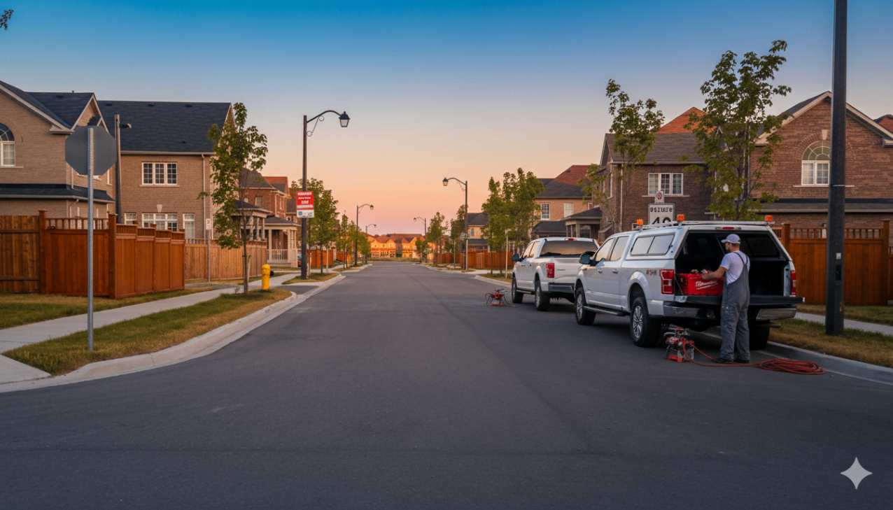 Commercial fence painting Markham Ontario - new construction subdivision fence staining