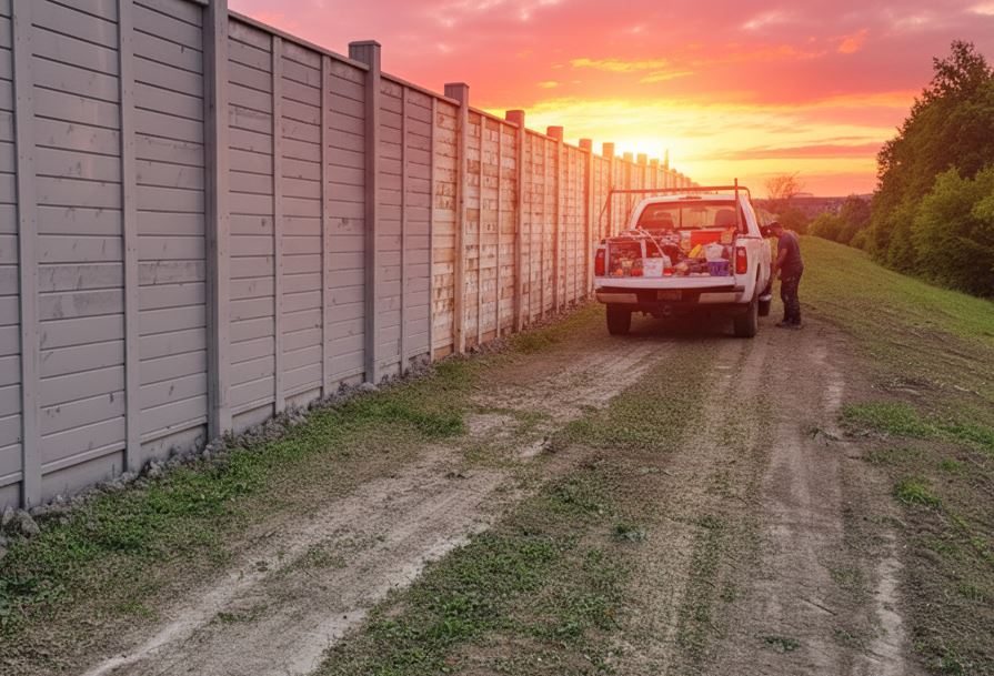 Commercial fence staining Southern Ontario - acoustic barrier at sunset with work truck